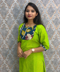 Green Color Kanchi Cotton and Kalamkari Yoke Design Kurti with Pocket / LSS234