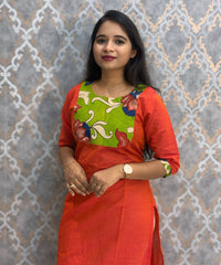 Orange Color Kanchi Cotton and Kalamkari Yoke Design Kurti with Pocket / LSS234