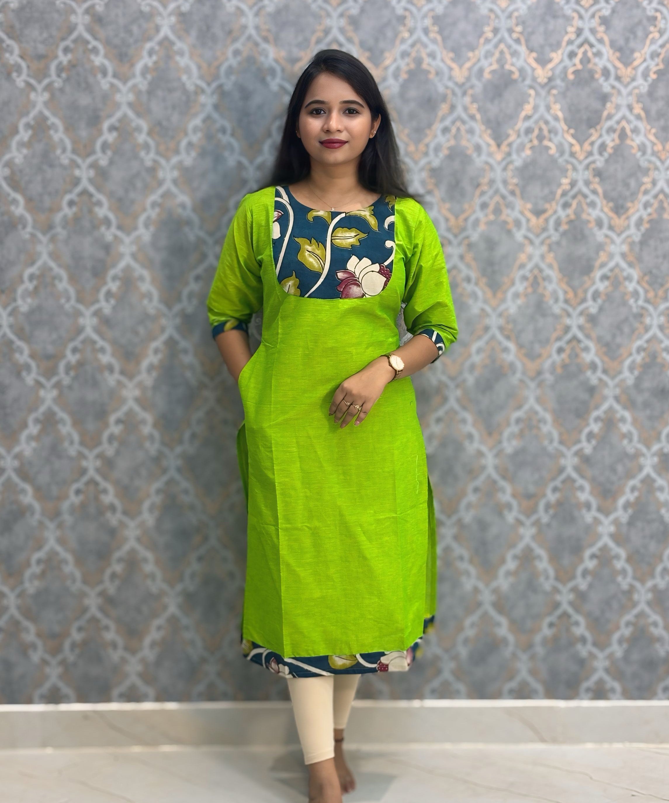 Green Color Kanchi Cotton and Kalamkari Yoke Design Kurti with Pocket / LSS234