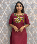 Maroon Color Kanchi Cotton and Kalamkari Yoke Design Kurti with Pocket / LSS234