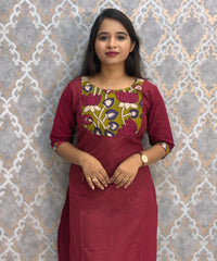 Maroon Color Kanchi Cotton and Kalamkari Yoke Design Kurti with Pocket / LSS234