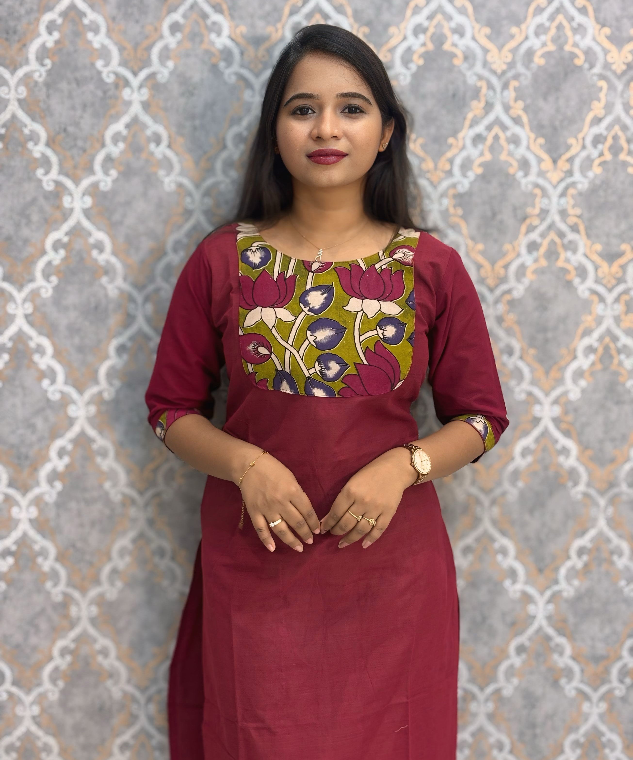 Maroon Color Kanchi Cotton and Kalamkari Yoke Design Kurti with Pocket / LSS234