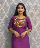 Dark Purple Color Kanchi Cotton and Kalamkari Yoke Design Kurti with Pocket / LSS234