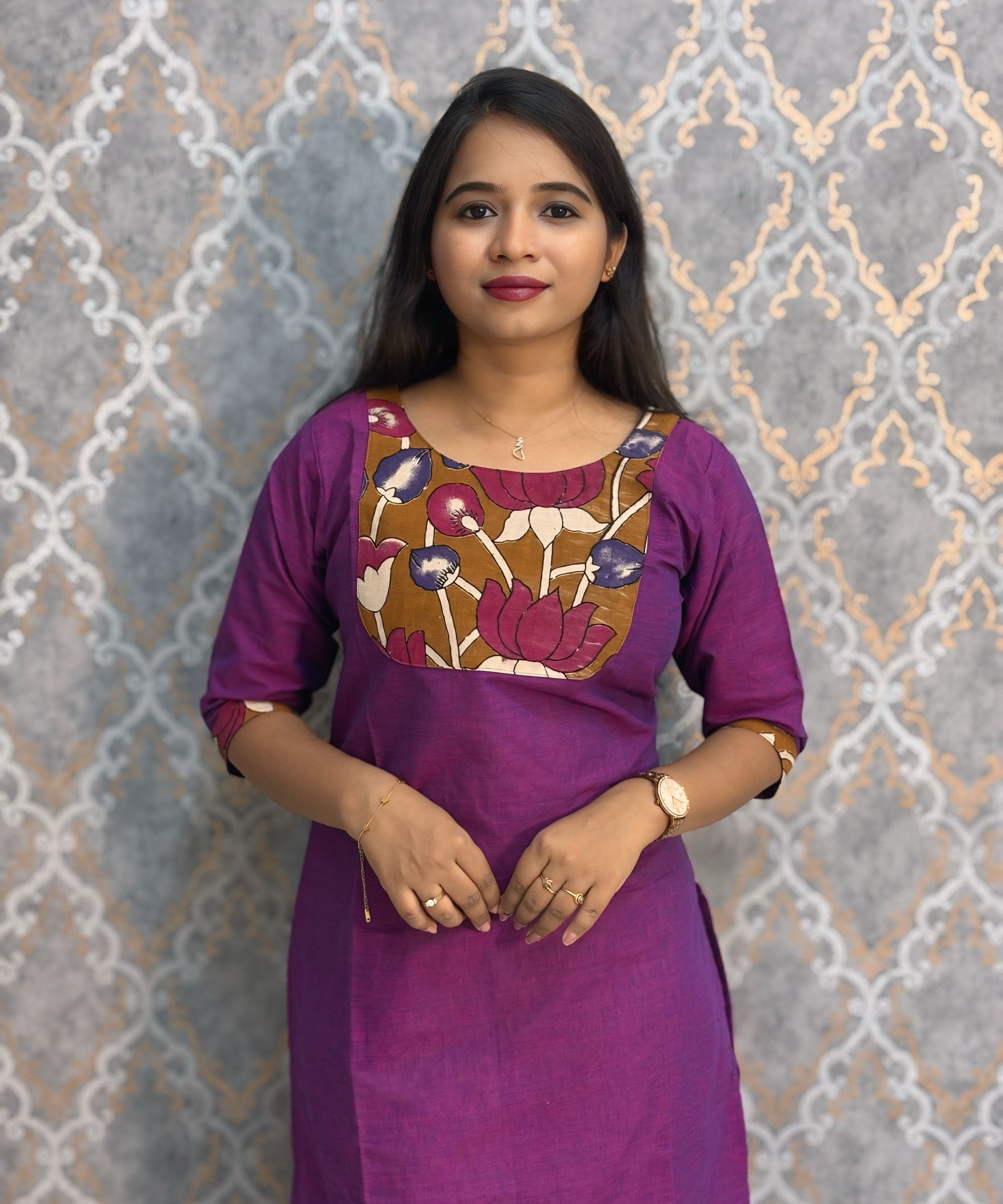 Dark Purple Color Kanchi Cotton and Kalamkari Yoke Design Kurti with Pocket / LSS234