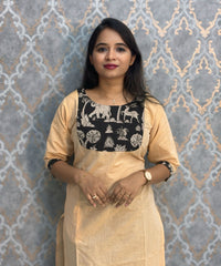 Sandal and Black Color Kanchi Cotton and Kalamkari Yoke Design Kurti with Pocket / LSS234