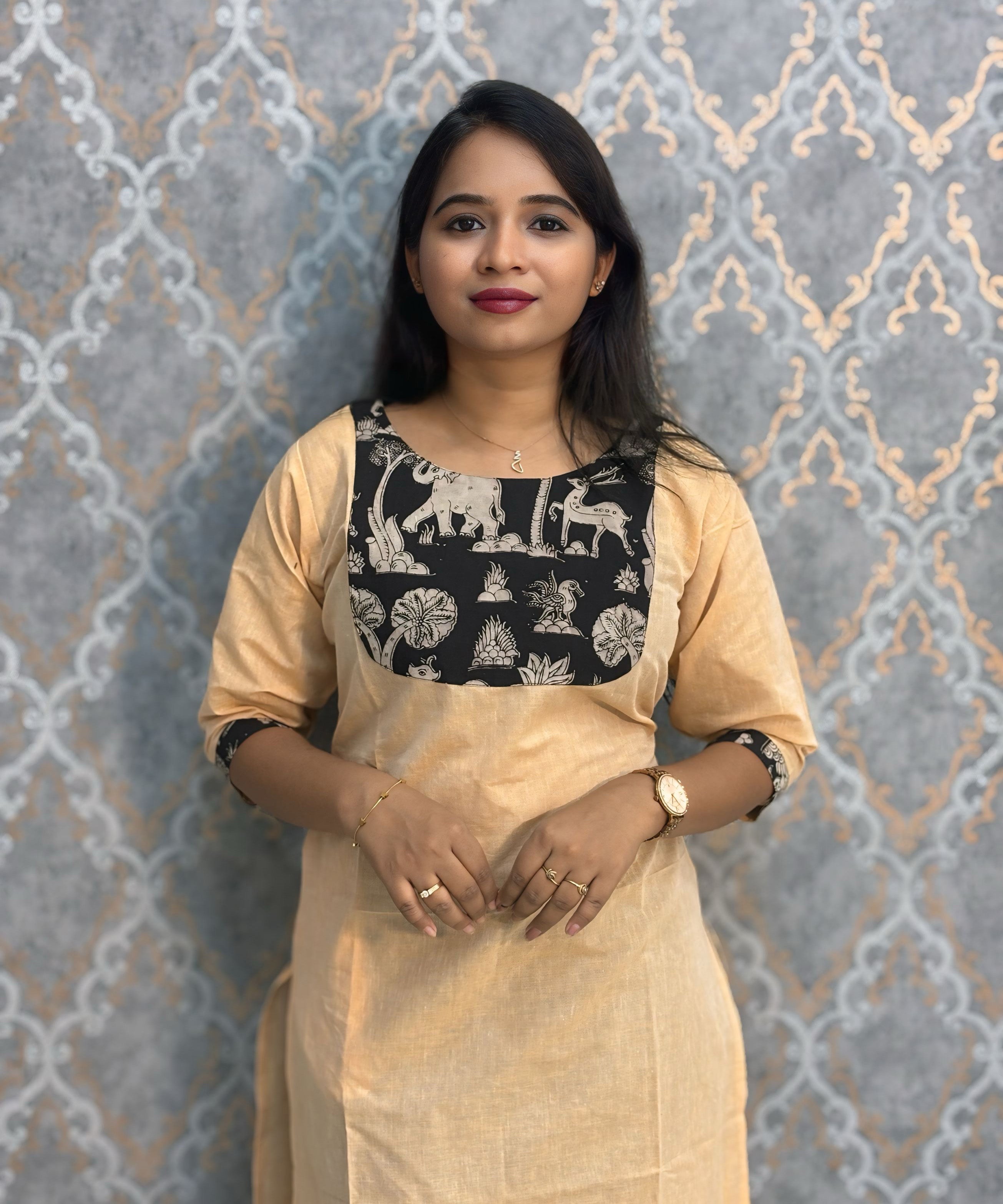 Sandal and Black Color Kanchi Cotton and Kalamkari Yoke Design Kurti with Pocket / LSS234