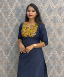 Navy Blue Color Kanchi Cotton and Kalamkari Yoke Design Kurti with Pocket / LSS234