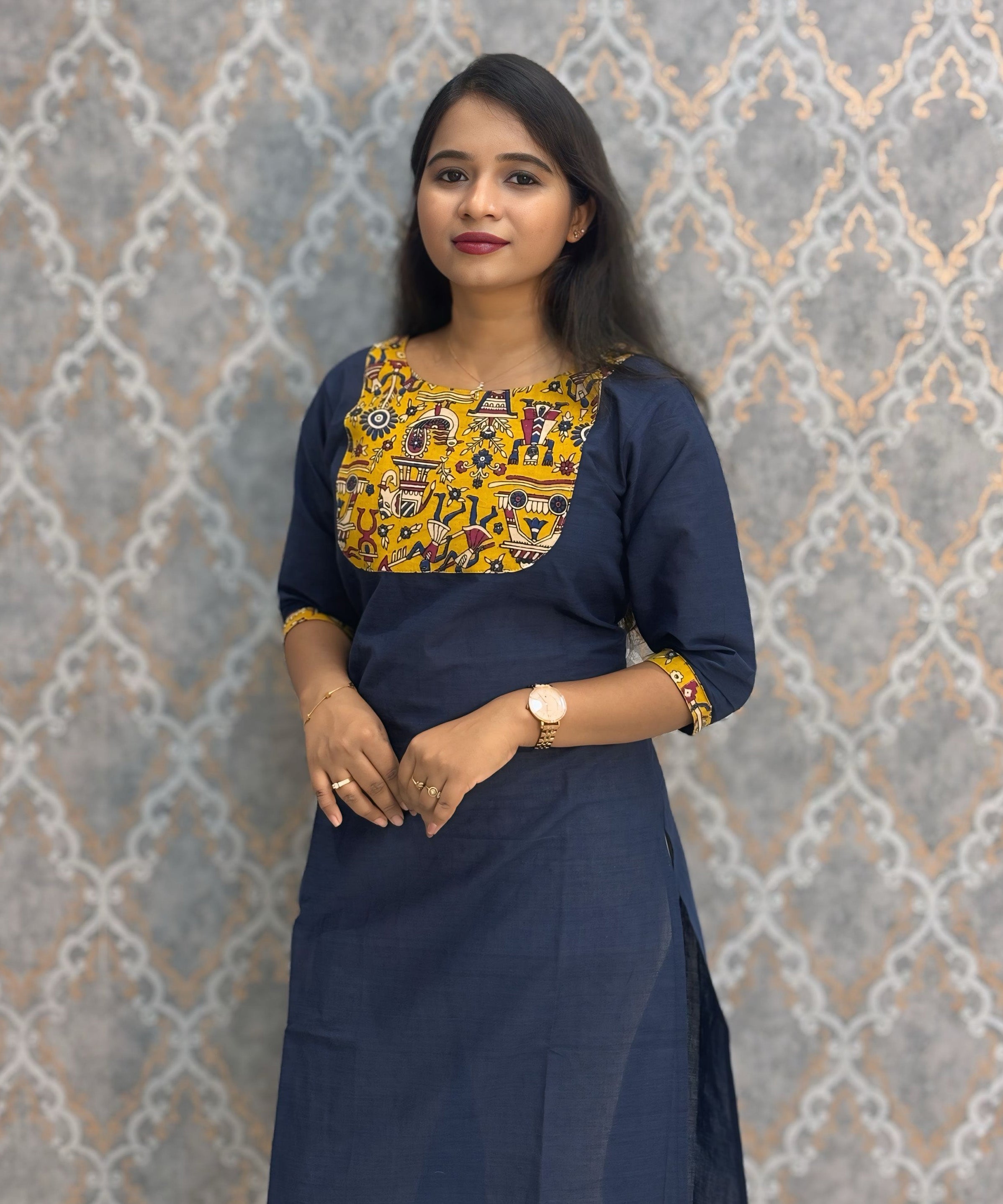 Navy Blue Color Kanchi Cotton and Kalamkari Yoke Design Kurti with Pocket / LSS234
