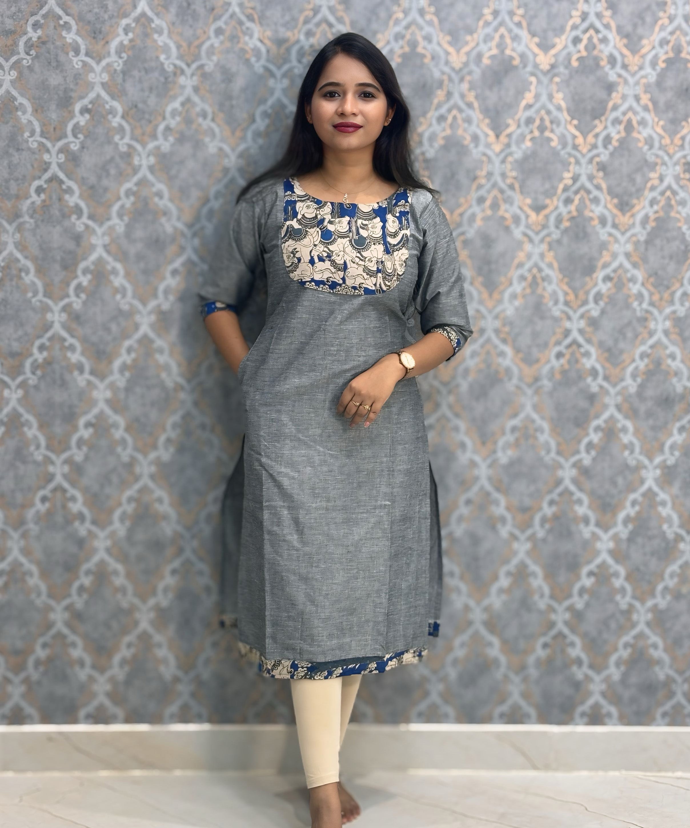 Gray Color Kanchi Cotton and Kalamkari Yoke Design Kurti with Pocket / LSS234