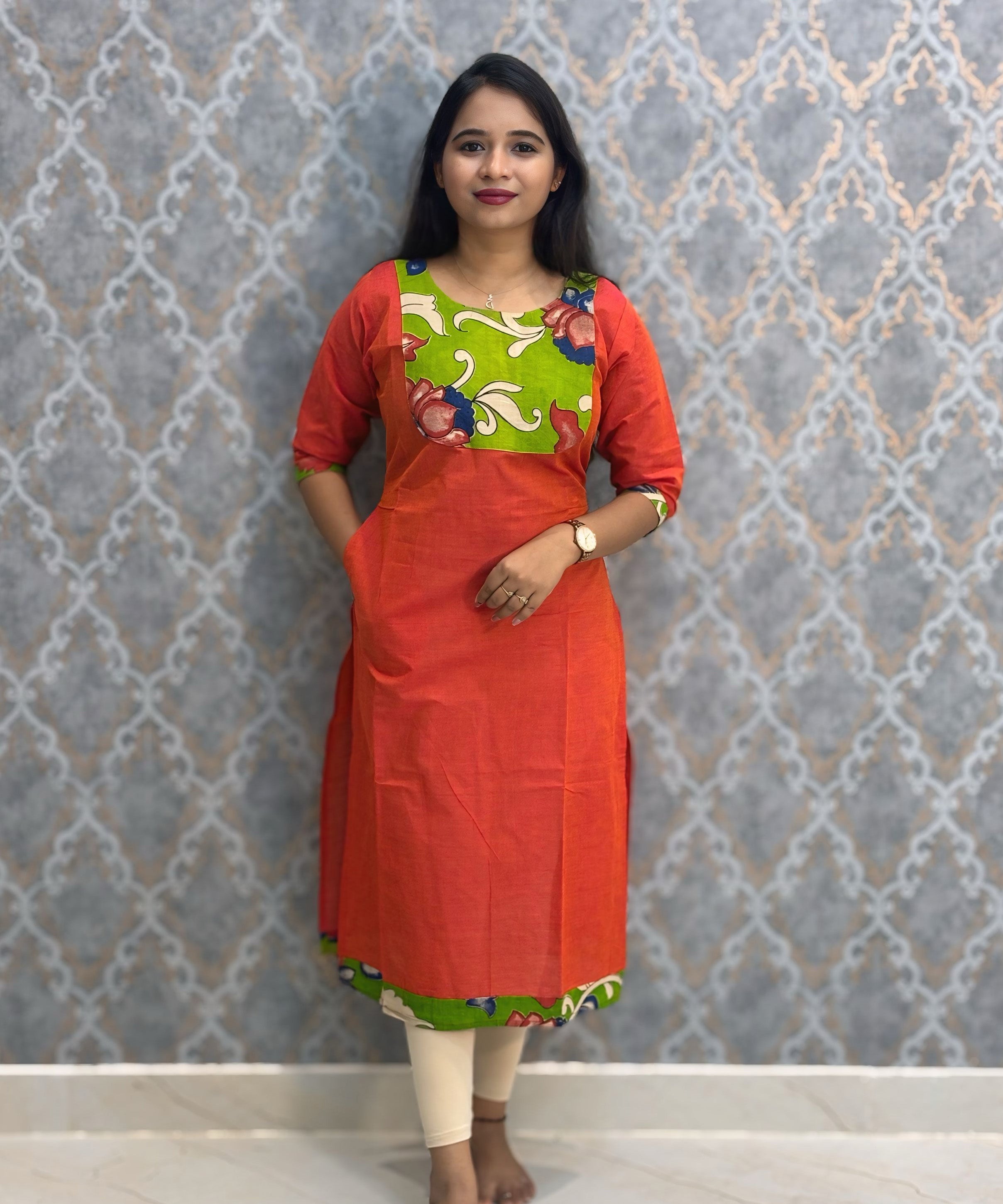 Orange Color Kanchi Cotton and Kalamkari Yoke Design Kurti with Pocket / LSS234