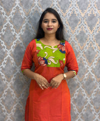 Orange Color Kanchi Cotton and Kalamkari Yoke Design Kurti with Pocket / LSS234