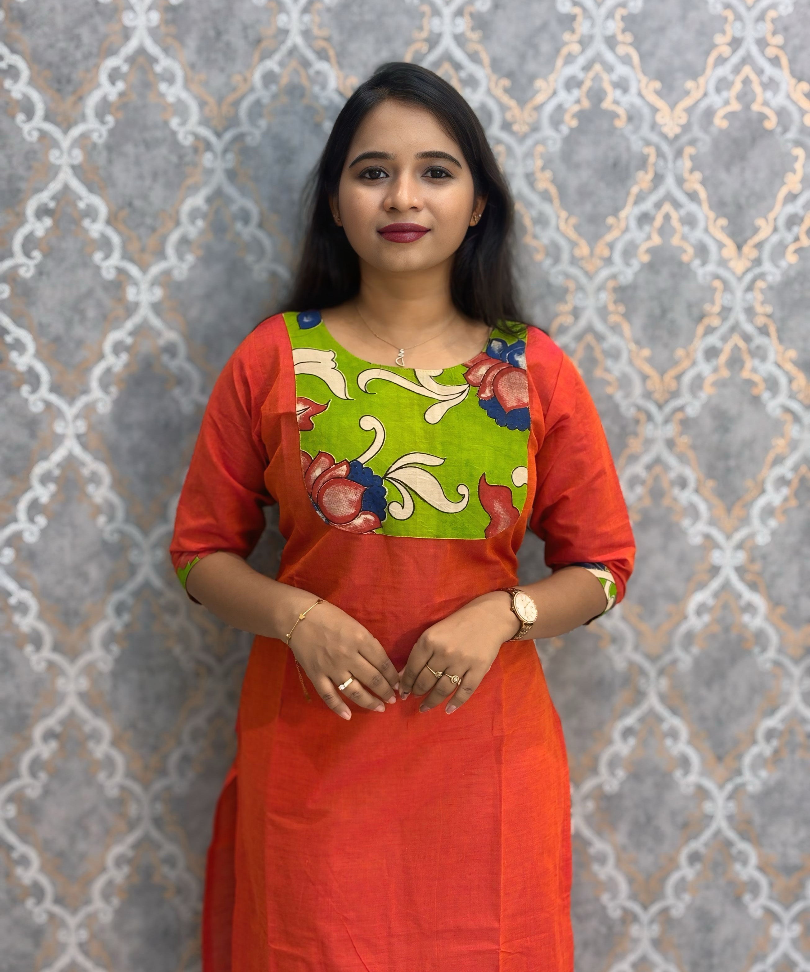 Orange Color Kanchi Cotton and Kalamkari Yoke Design Kurti with Pocket / LSS234