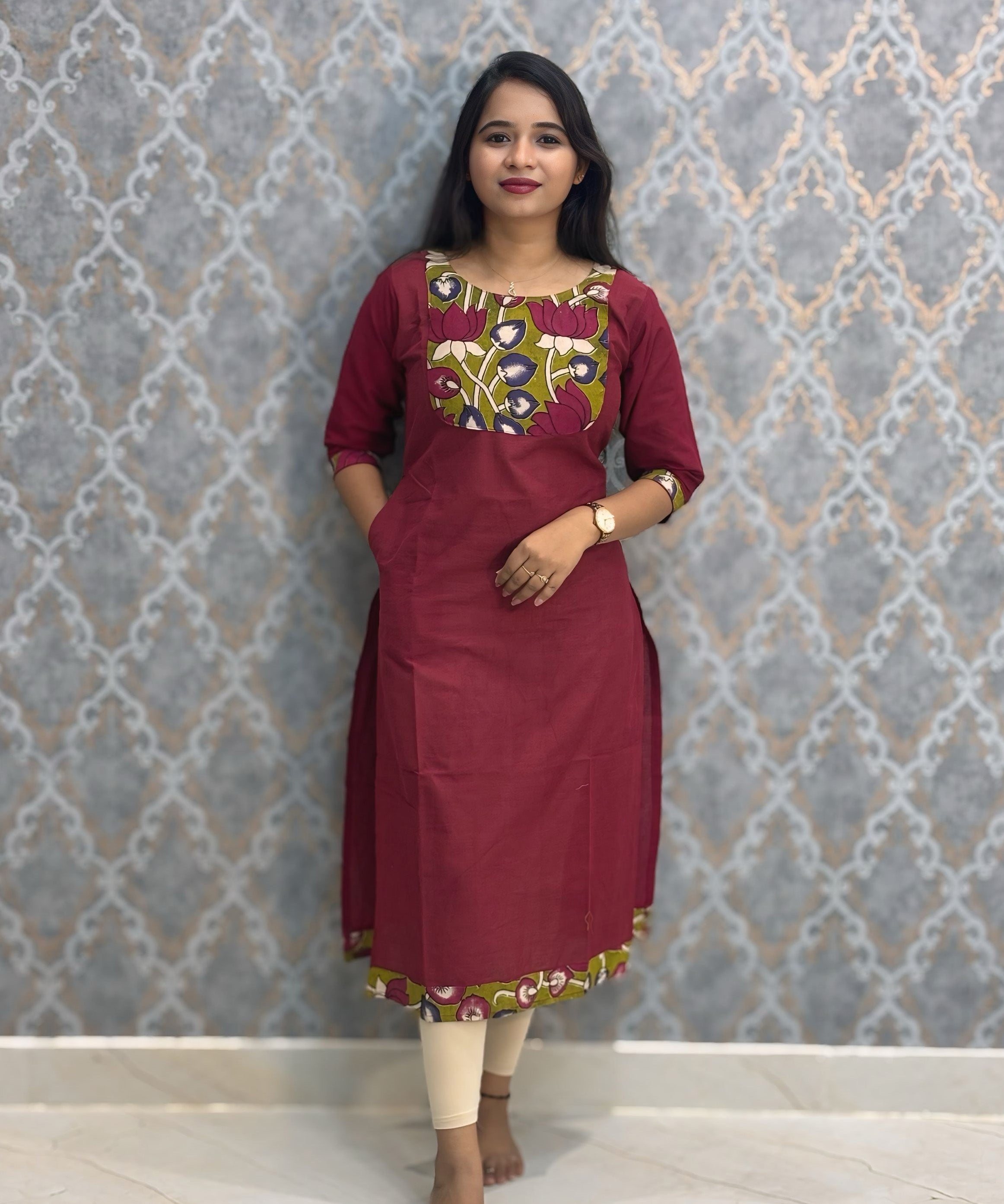 Maroon Color Kanchi Cotton and Kalamkari Yoke Design Kurti with Pocket / LSS234