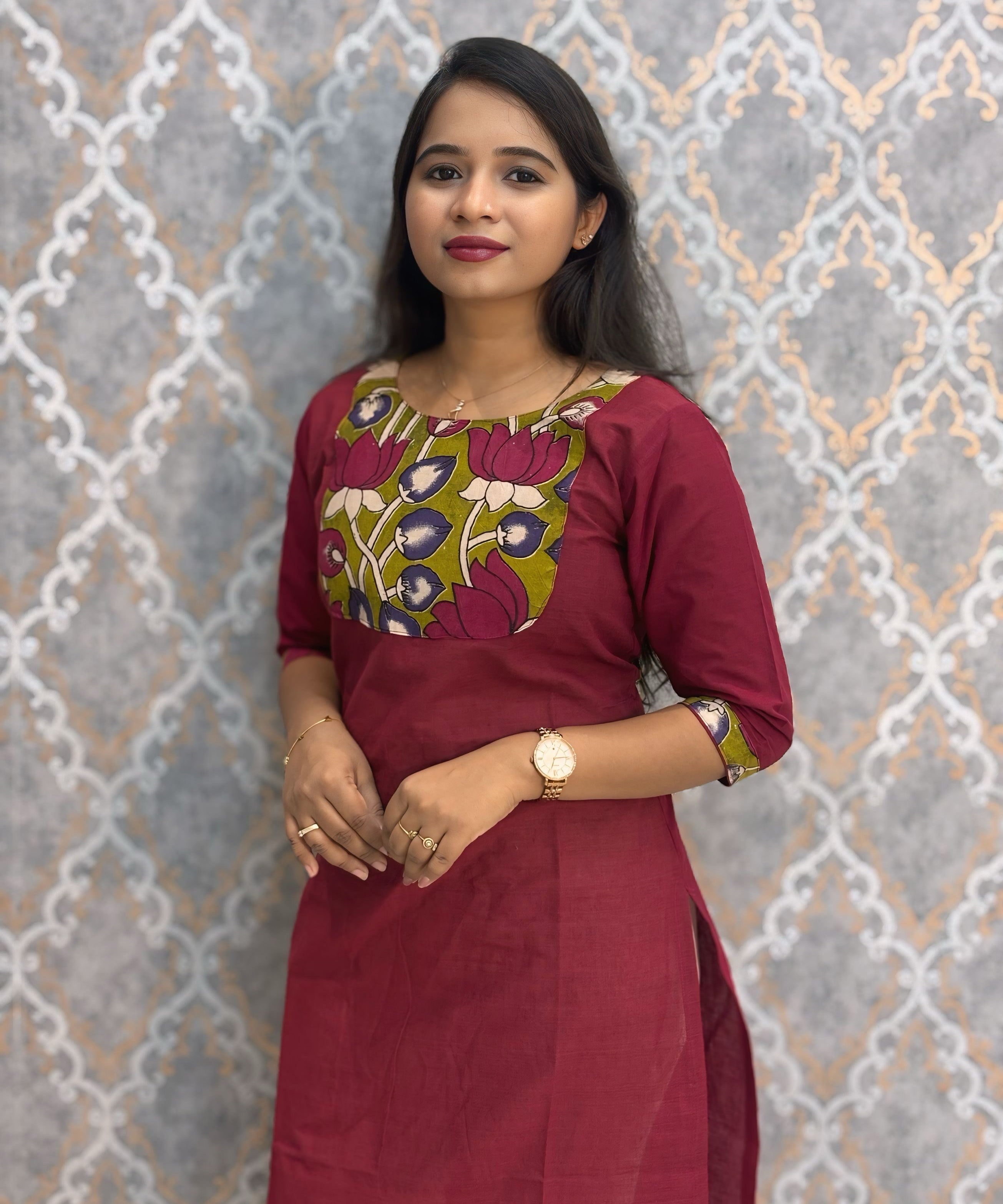 Maroon Color Kanchi Cotton and Kalamkari Yoke Design Kurti with Pocket / LSS234