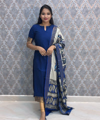 Royal Blue Premium Handloom Kota Jacquard Border Silk Cotton Kurti and Chennuri Silk with Nizam Border Kalamkari Print Dupatta / HL007