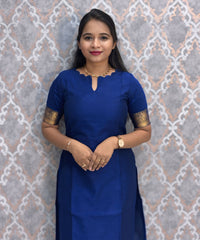 Royal Blue Premium Handloom Kota Jacquard Border Silk Cotton Kurti and Chennuri Silk with Nizam Border Kalamkari Print Dupatta / HL007