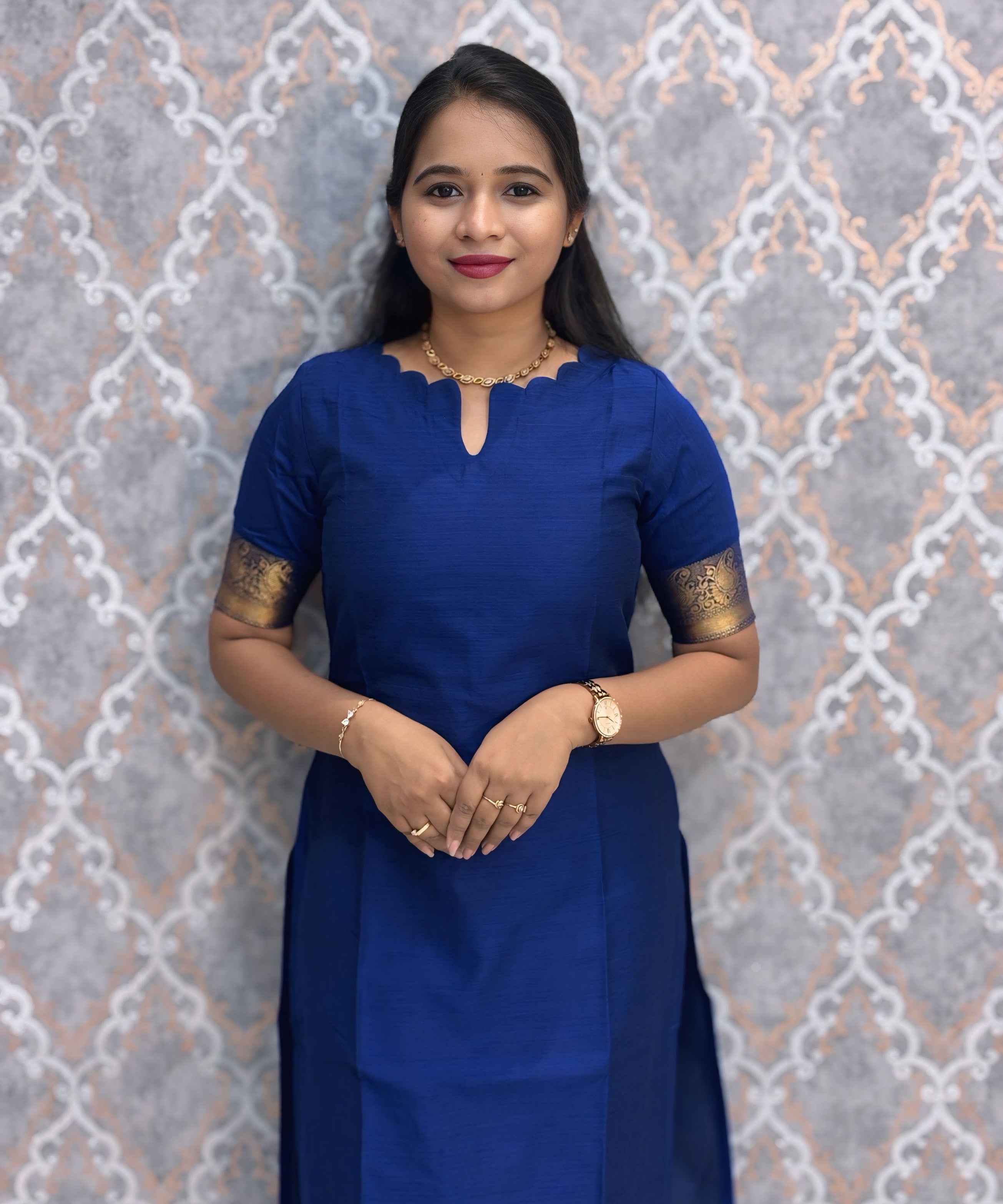 Royal Blue Premium Handloom Kota Jacquard Border Silk Cotton Kurti and Chennuri Silk with Nizam Border Kalamkari Print Dupatta / HL007