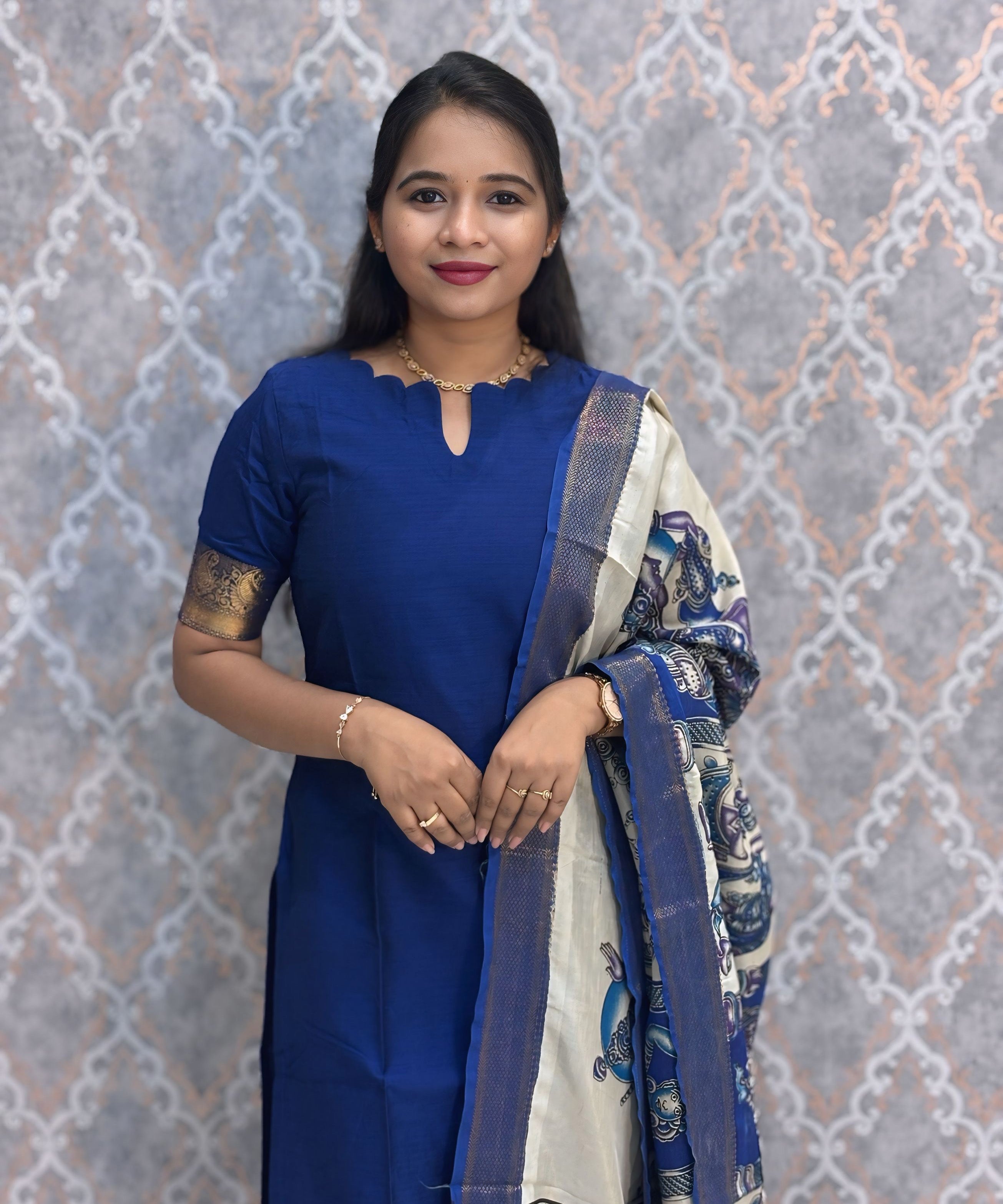 Royal Blue Premium Handloom Kota Jacquard Border Silk Cotton Kurti and Chennuri Silk with Nizam Border Kalamkari Print Dupatta / HL007