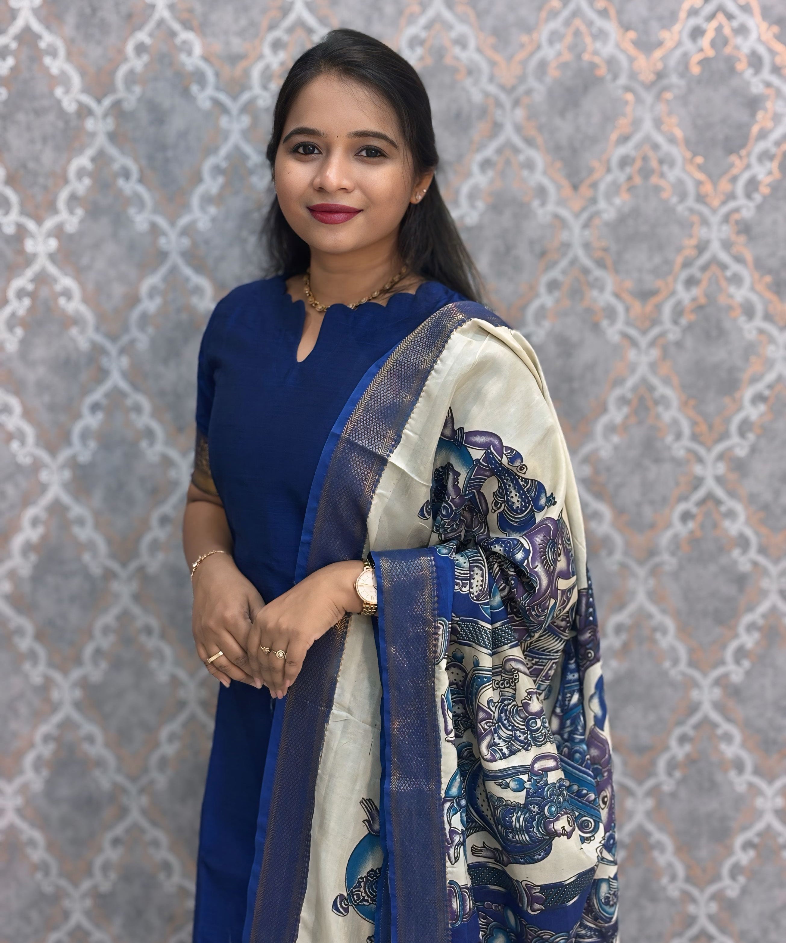 Royal Blue Premium Handloom Kota Jacquard Border Silk Cotton Kurti and Chennuri Silk with Nizam Border Kalamkari Print Dupatta / HL007