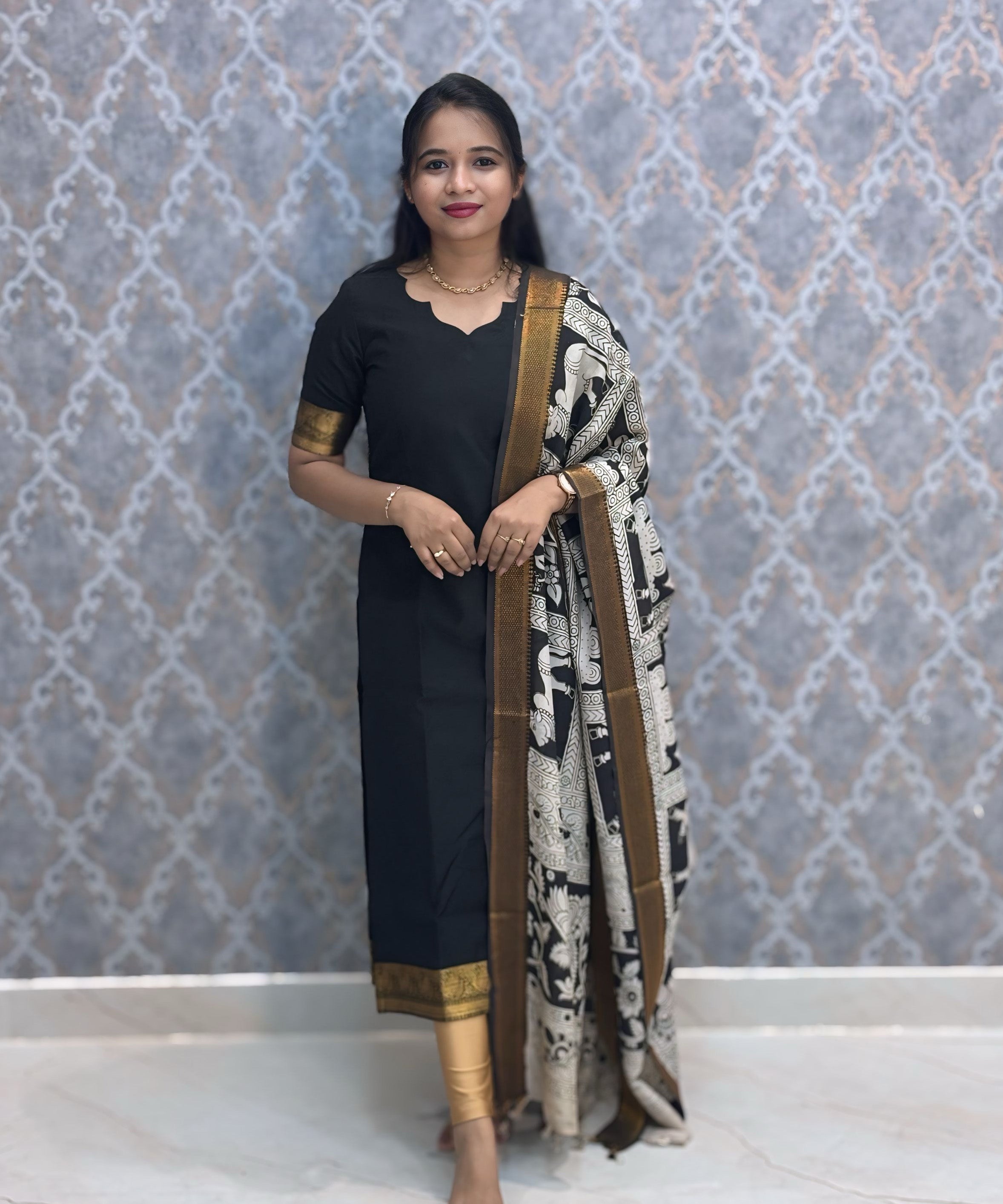 Black Premium Handloom Kota Jacquard Border Silk Cotton Kurti and Chennuri Silk with Nizam Border Kalamkari Print Dupatta / HL008