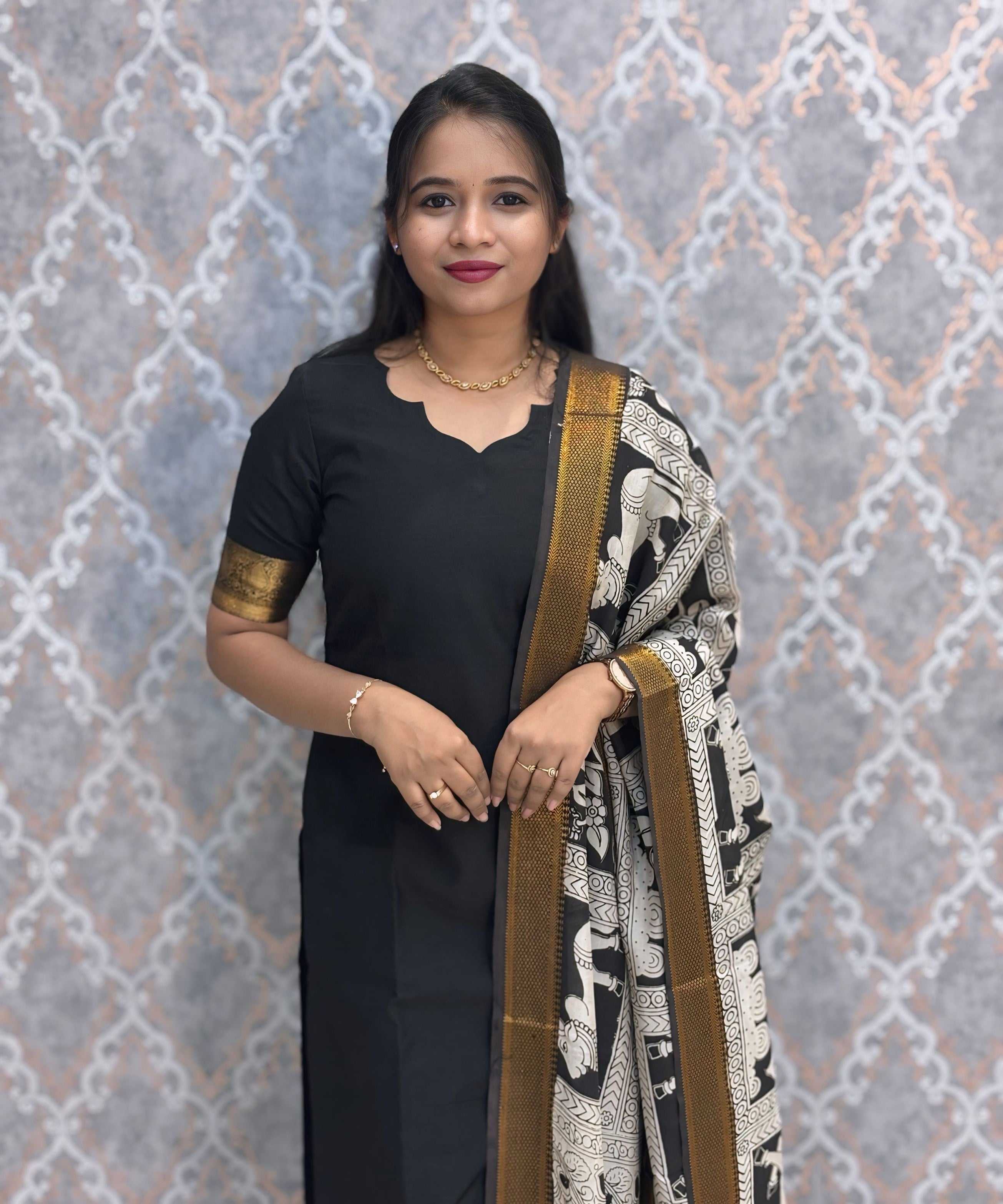 Black Premium Handloom Kota Jacquard Border Silk Cotton Kurti and Chennuri Silk with Nizam Border Kalamkari Print Dupatta / HL008
