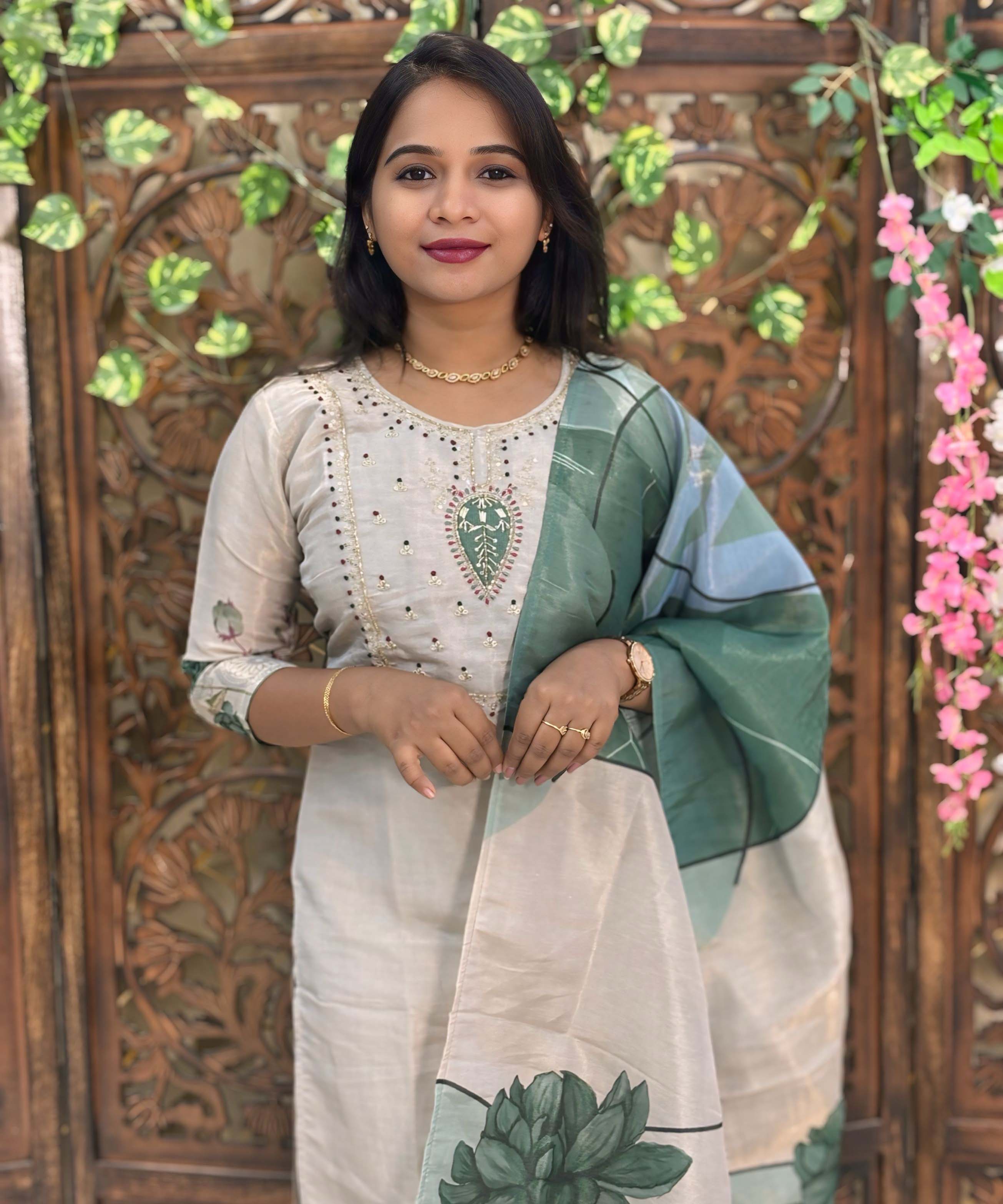 Lite Gray with Beige and Green Color Premium Aari work 3 Piece Salwar Set / ESS345