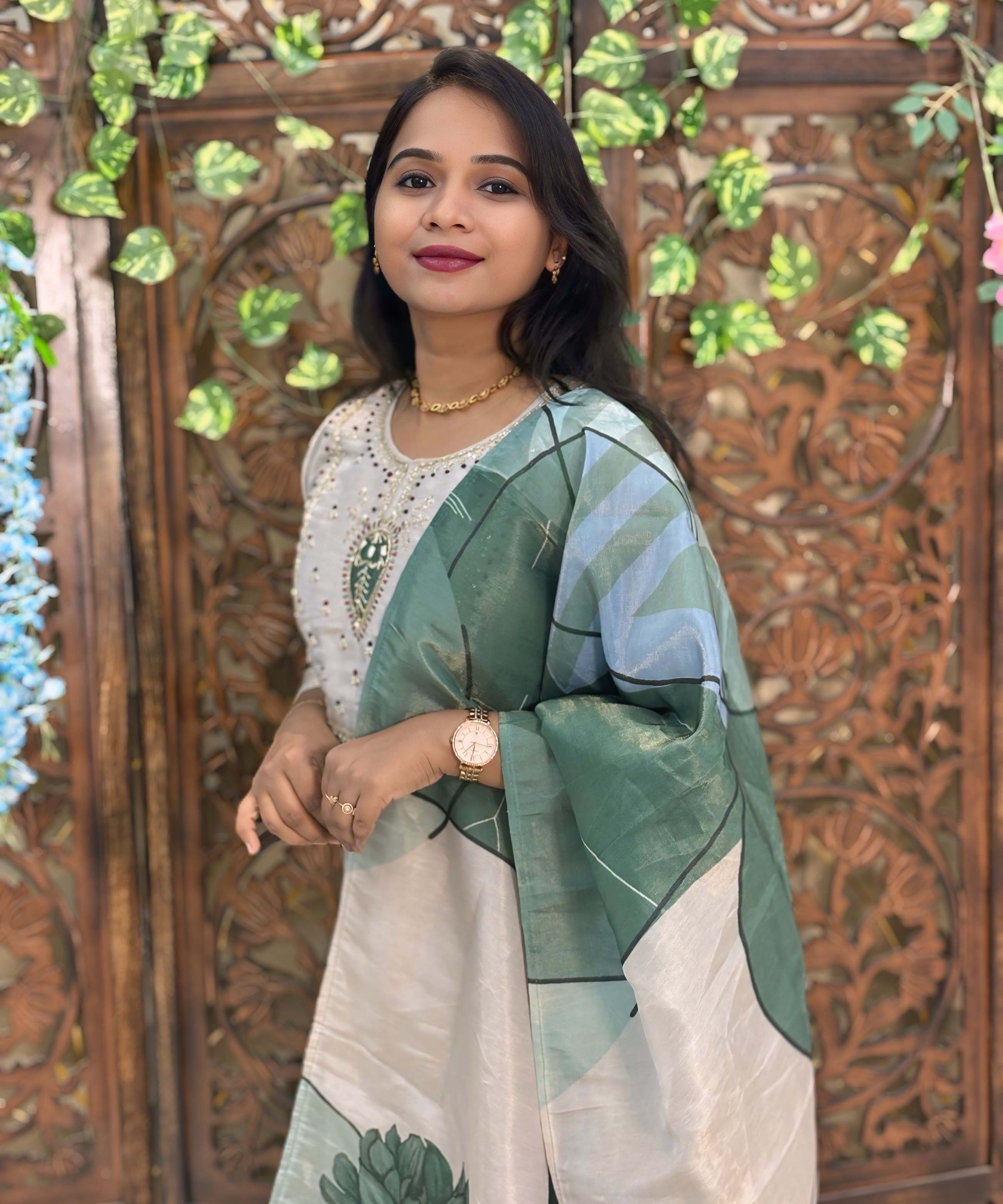 Lite Gray with Beige and Green Color Premium Aari work 3 Piece Salwar Set / ESS345