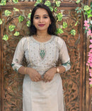 Lite Gray with Beige and Green Color Premium Aari work 3 Piece Salwar Set / ESS345