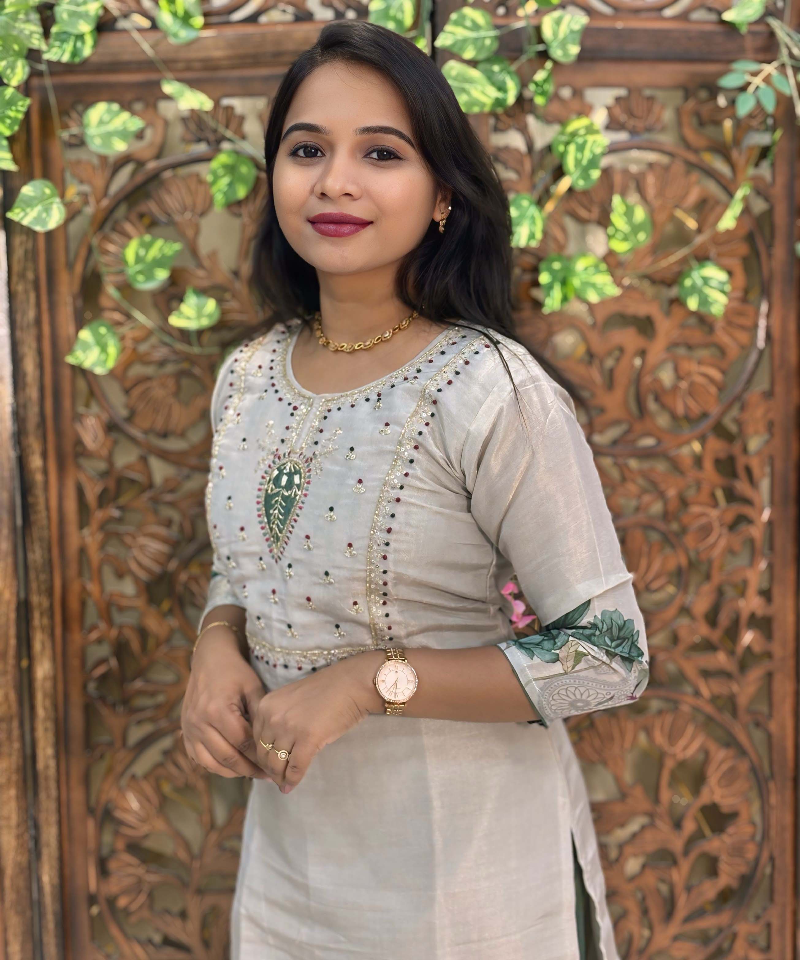 Lite Gray with Beige and Green Color Premium Aari work 3 Piece Salwar Set / ESS345