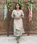 Lite Gray with Beige and Green Color Premium Aari work 3 Piece Salwar Set / ESS345