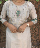 Lite Gray with Beige and Green Color Premium Aari work 3 Piece Salwar Set / ESS345