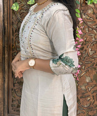 Lite Gray with Beige and Green Color Premium Aari work 3 Piece Salwar Set / ESS345