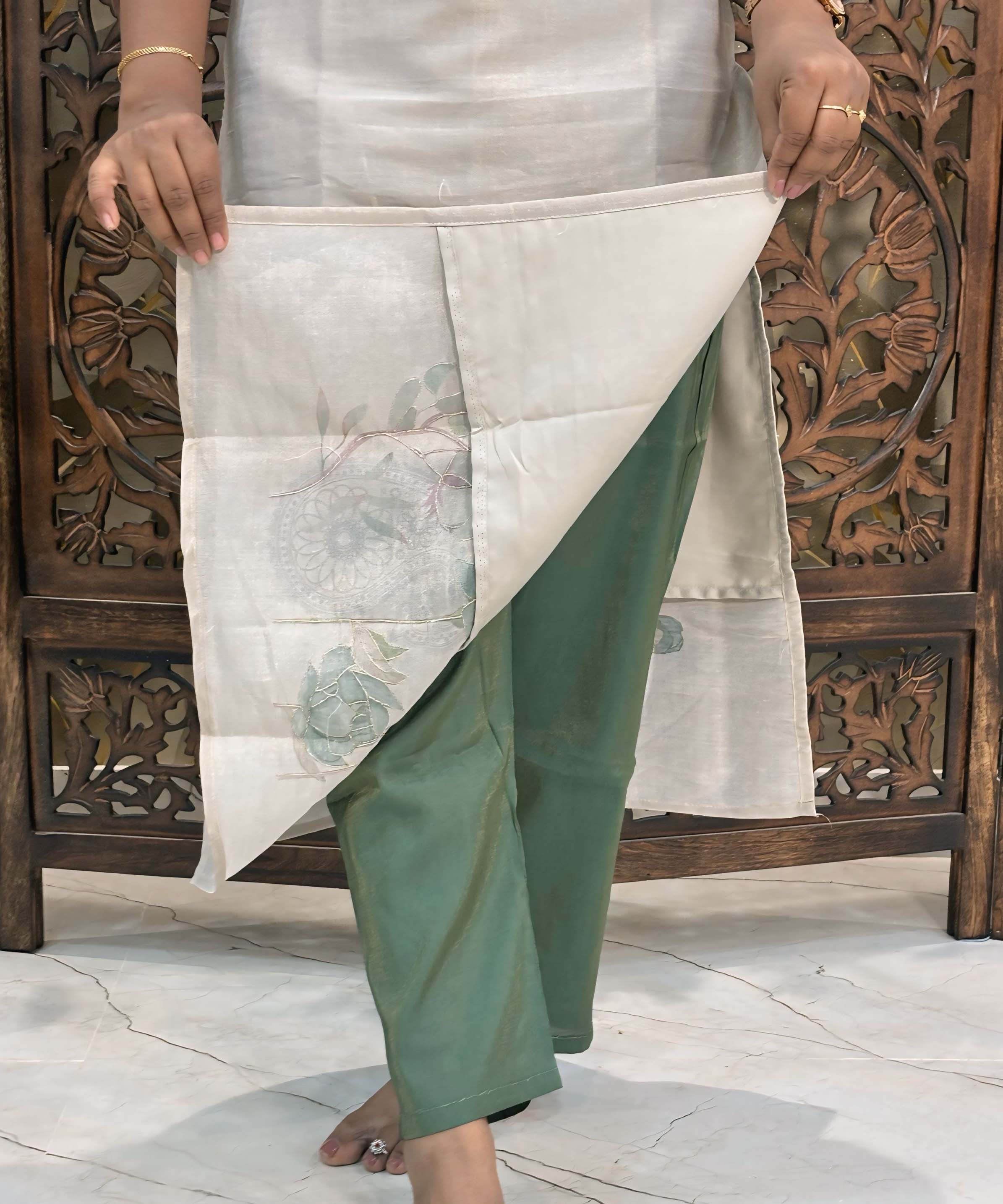 Lite Gray with Beige and Green Color Premium Aari work 3 Piece Salwar Set / ESS345