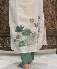 Lite Gray with Beige and Green Color Premium Aari work 3 Piece Salwar Set / ESS345