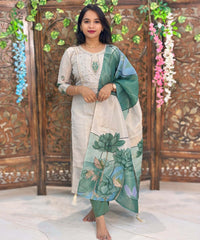 Lite Gray with Beige and Green Color Premium Aari work 3 Piece Salwar Set / ESS345