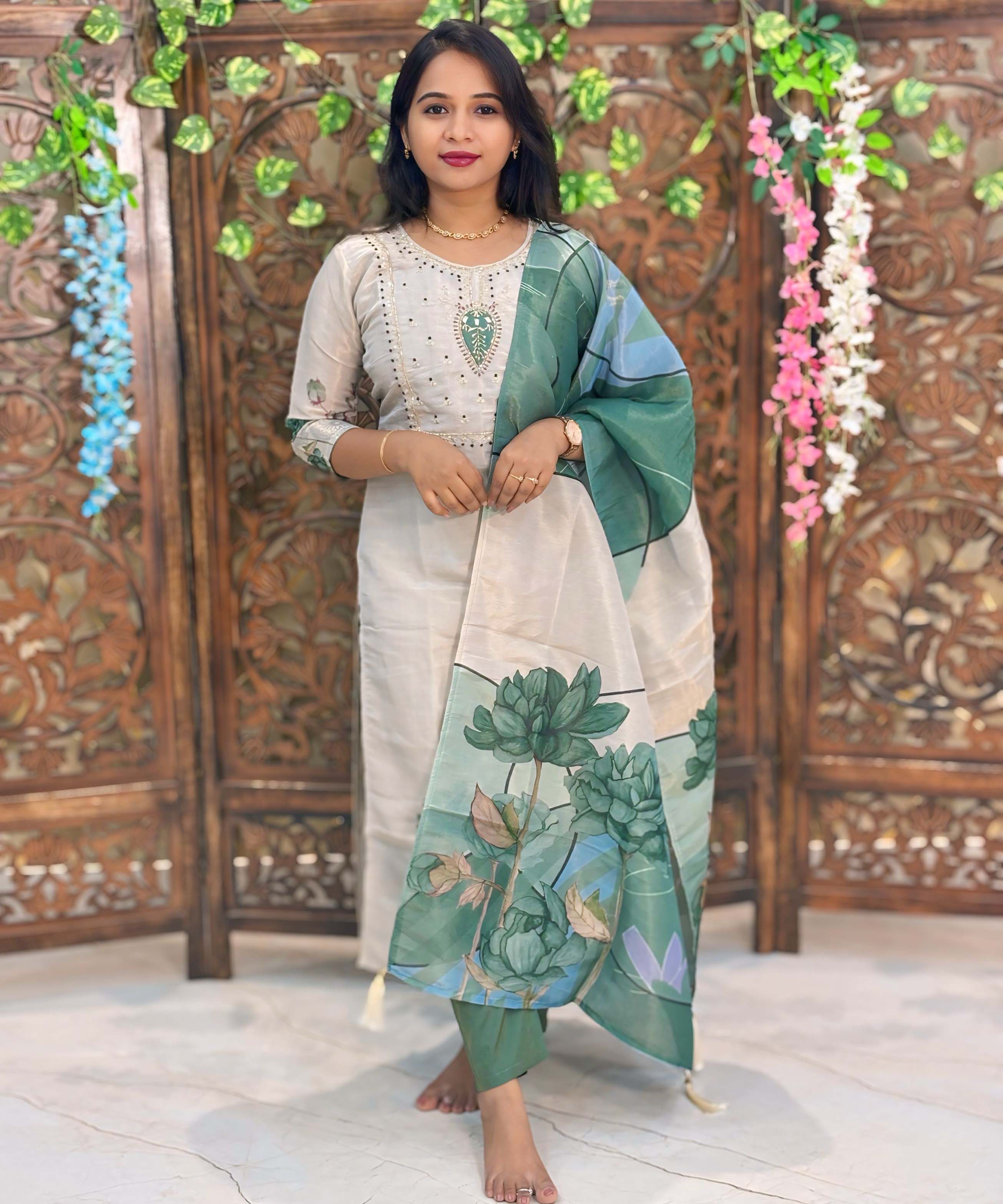 Lite Gray with Beige and Green Color Premium Aari work 3 Piece Salwar Set / ESS345