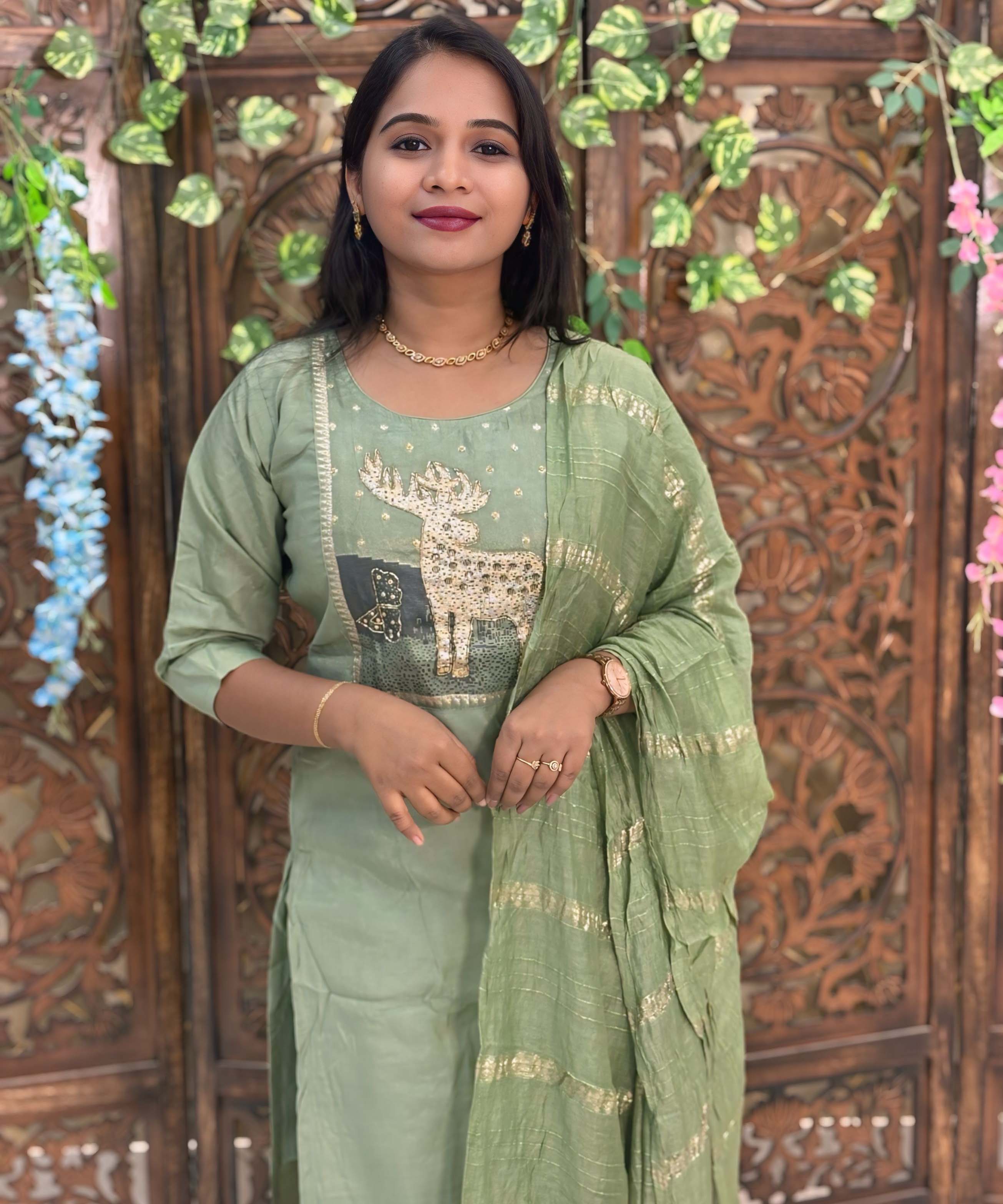 Lite Green Color Deer Design 3 Piece Salwar Set with Pocket / ESS355