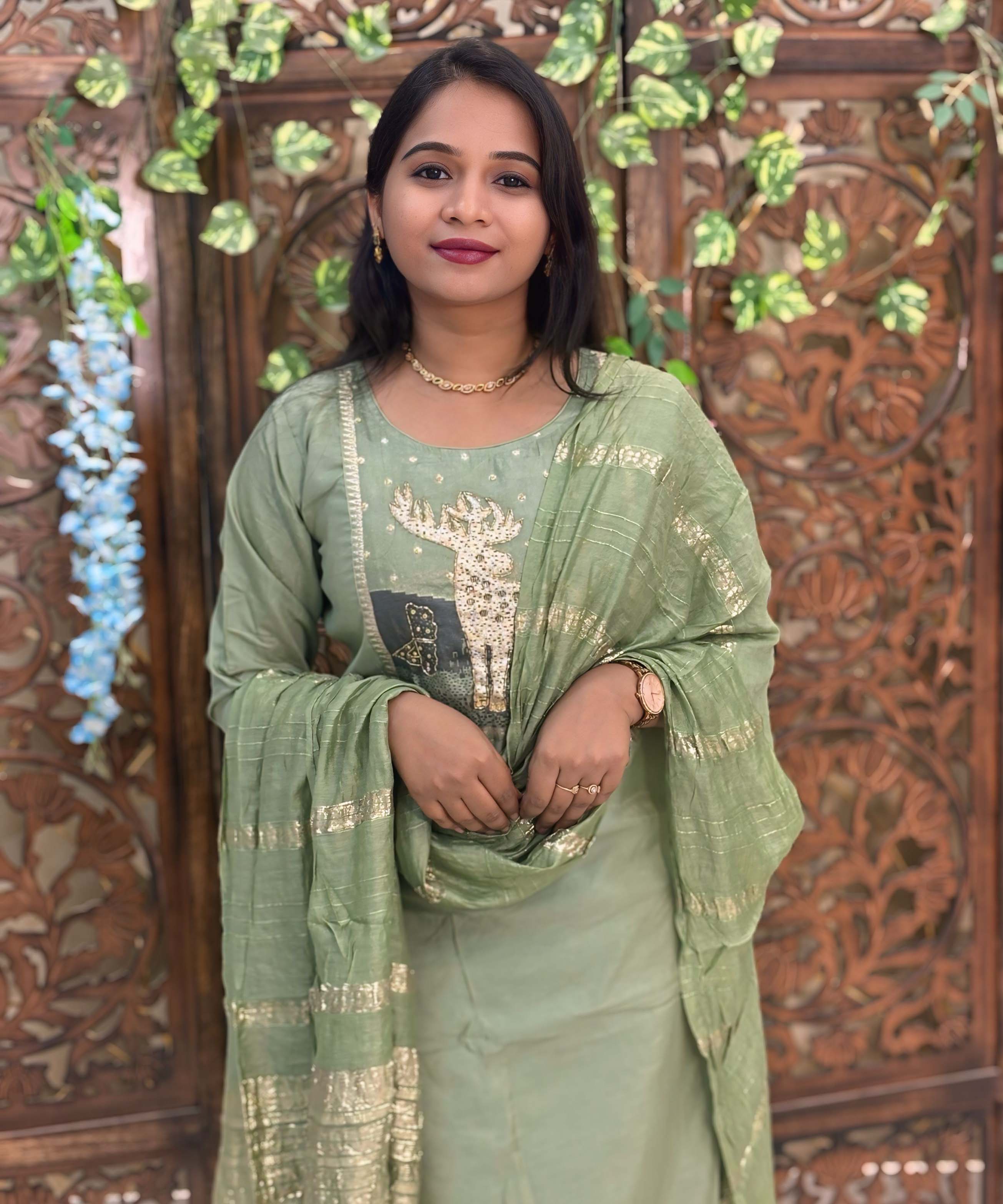 Lite Green Color Deer Design 3 Piece Salwar Set with Pocket / ESS355