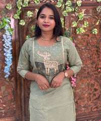 Lite Green Color Deer Design 3 Piece Salwar Set with Pocket / ESS355