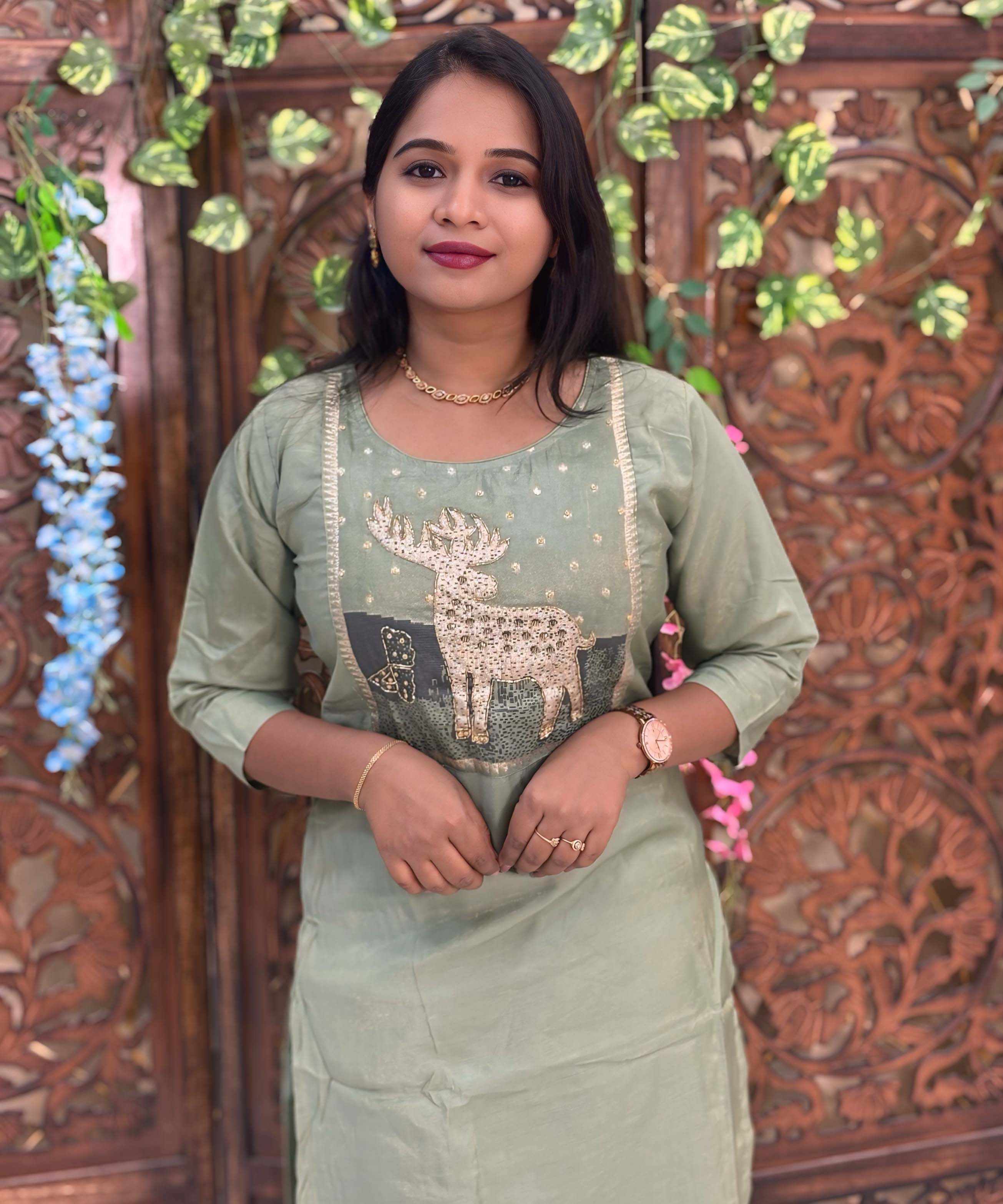 Lite Green Color Deer Design 3 Piece Salwar Set with Pocket / ESS355