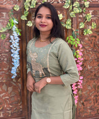 Lite Green Color Deer Design 3 Piece Salwar Set with Pocket / ESS355