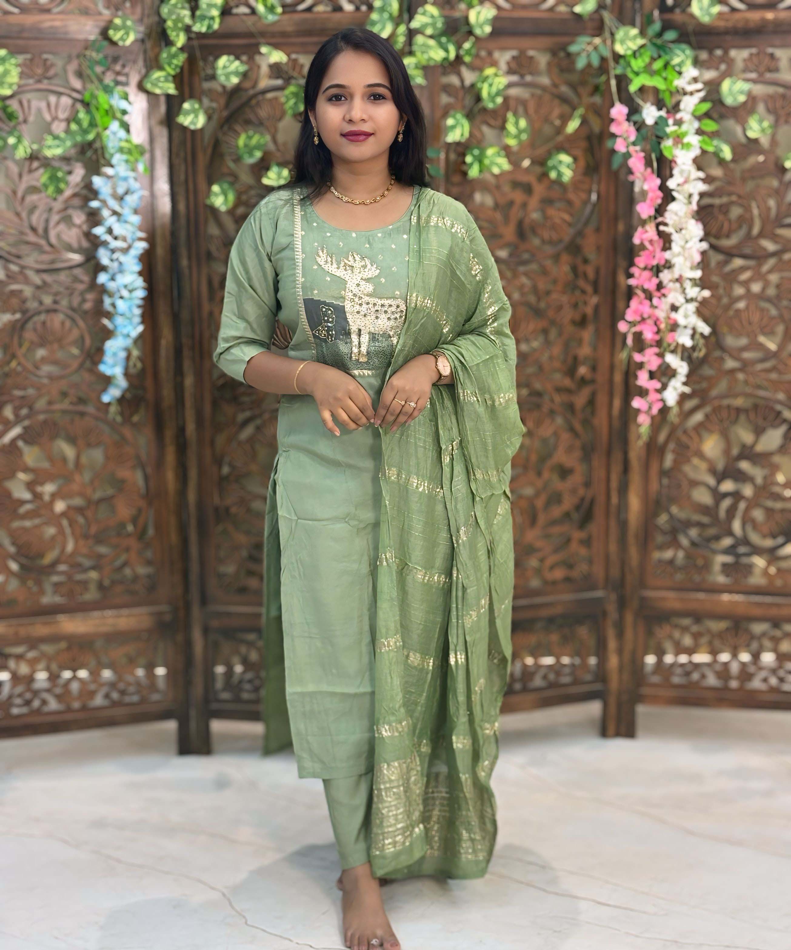 Lite Green Color Deer Design 3 Piece Salwar Set with Pocket / ESS355
