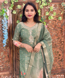 Lite Green Color Premium Aari work Designer 3 Piece Salwar Set / ESS362