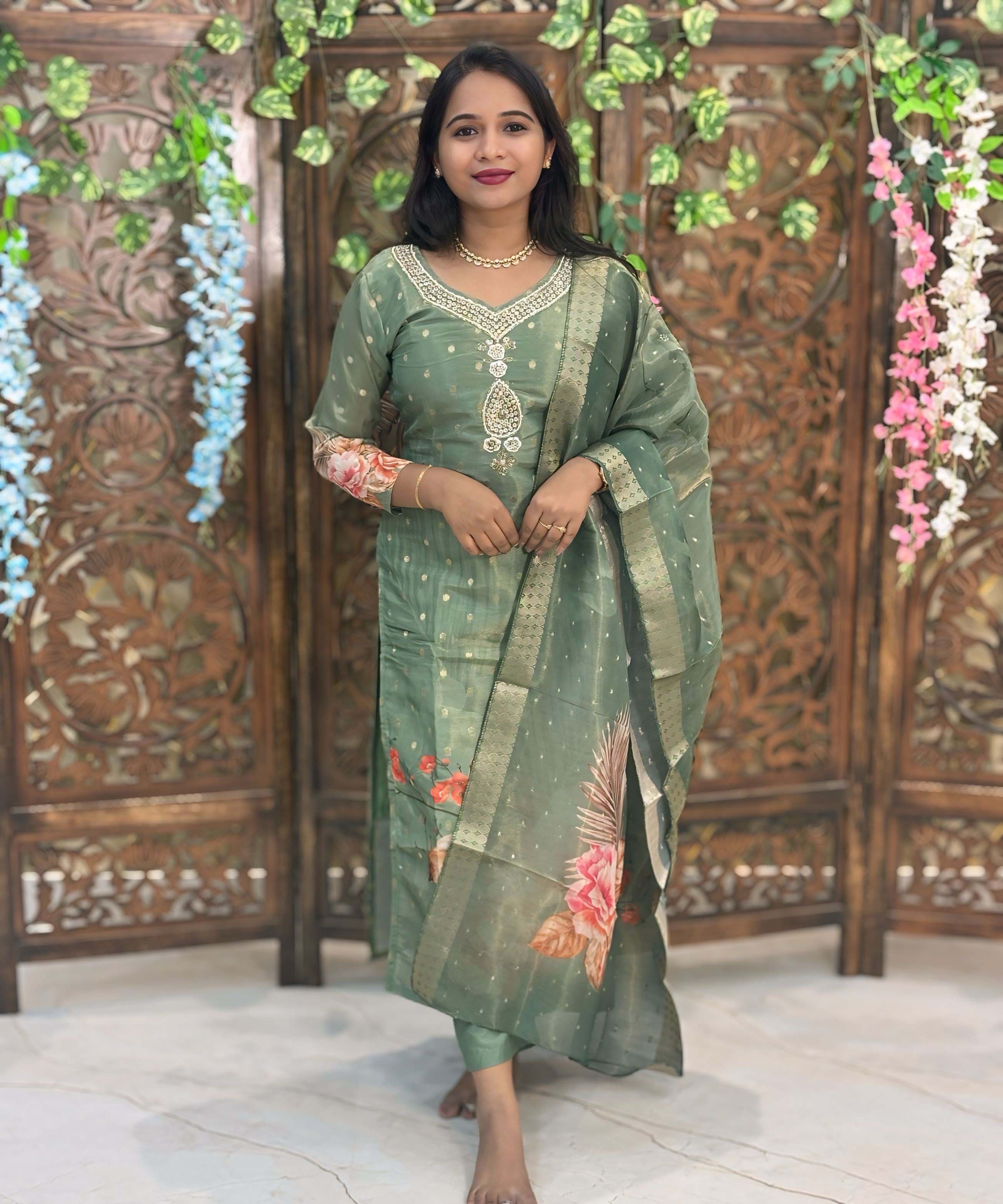 Lite Green Color Premium Aari work Designer 3 Piece Salwar Set / ESS362
