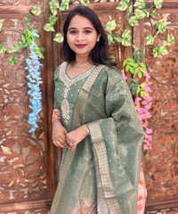 Lite Green Color Premium Aari work Designer 3 Piece Salwar Set / ESS362