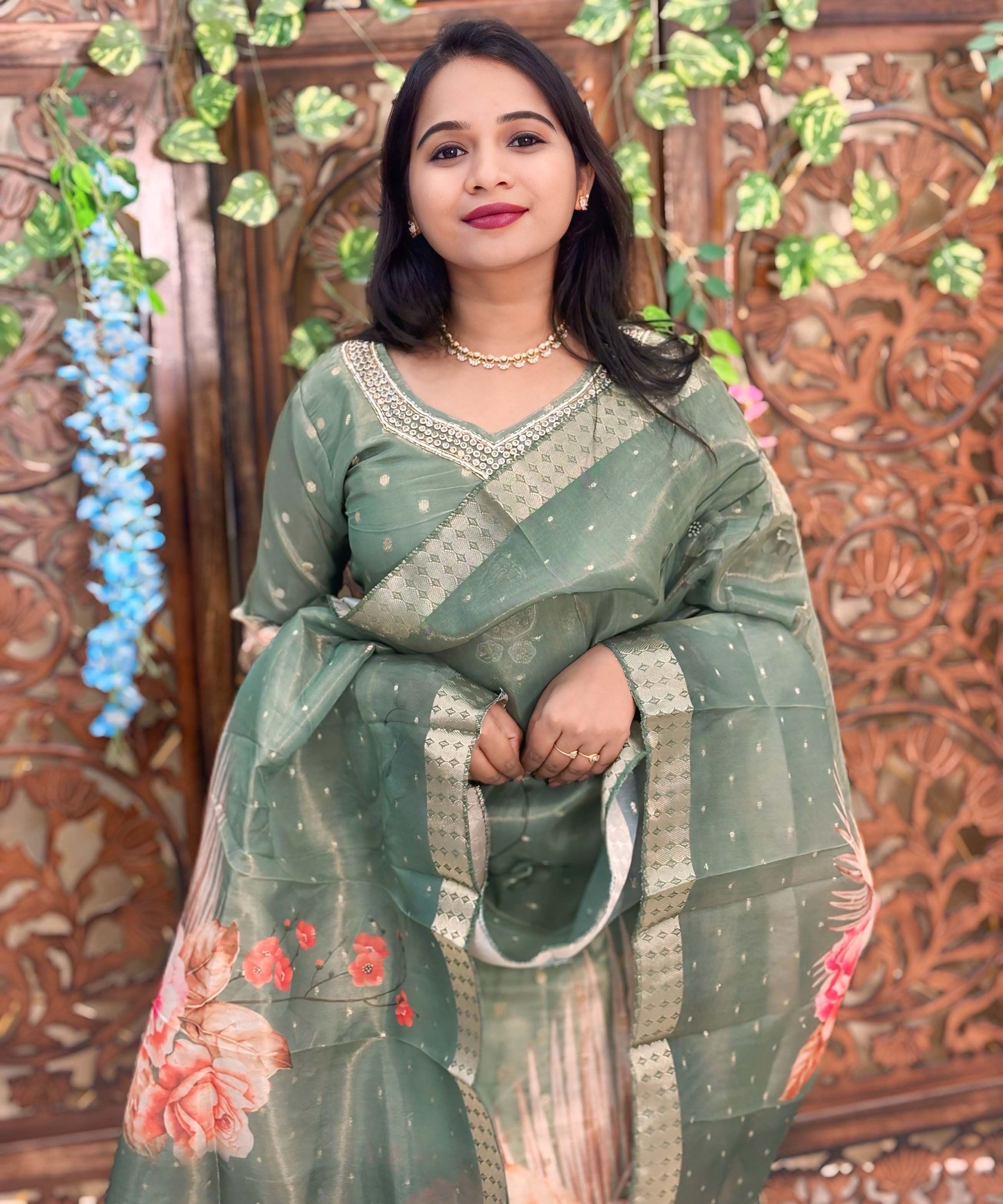 Lite Green Color Premium Aari work Designer 3 Piece Salwar Set / ESS362