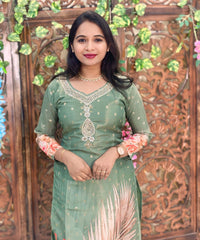 Lite Green Color Premium Aari work Designer 3 Piece Salwar Set / ESS362