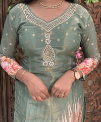Lite Green Color Premium Aari work Designer 3 Piece Salwar Set / ESS362
