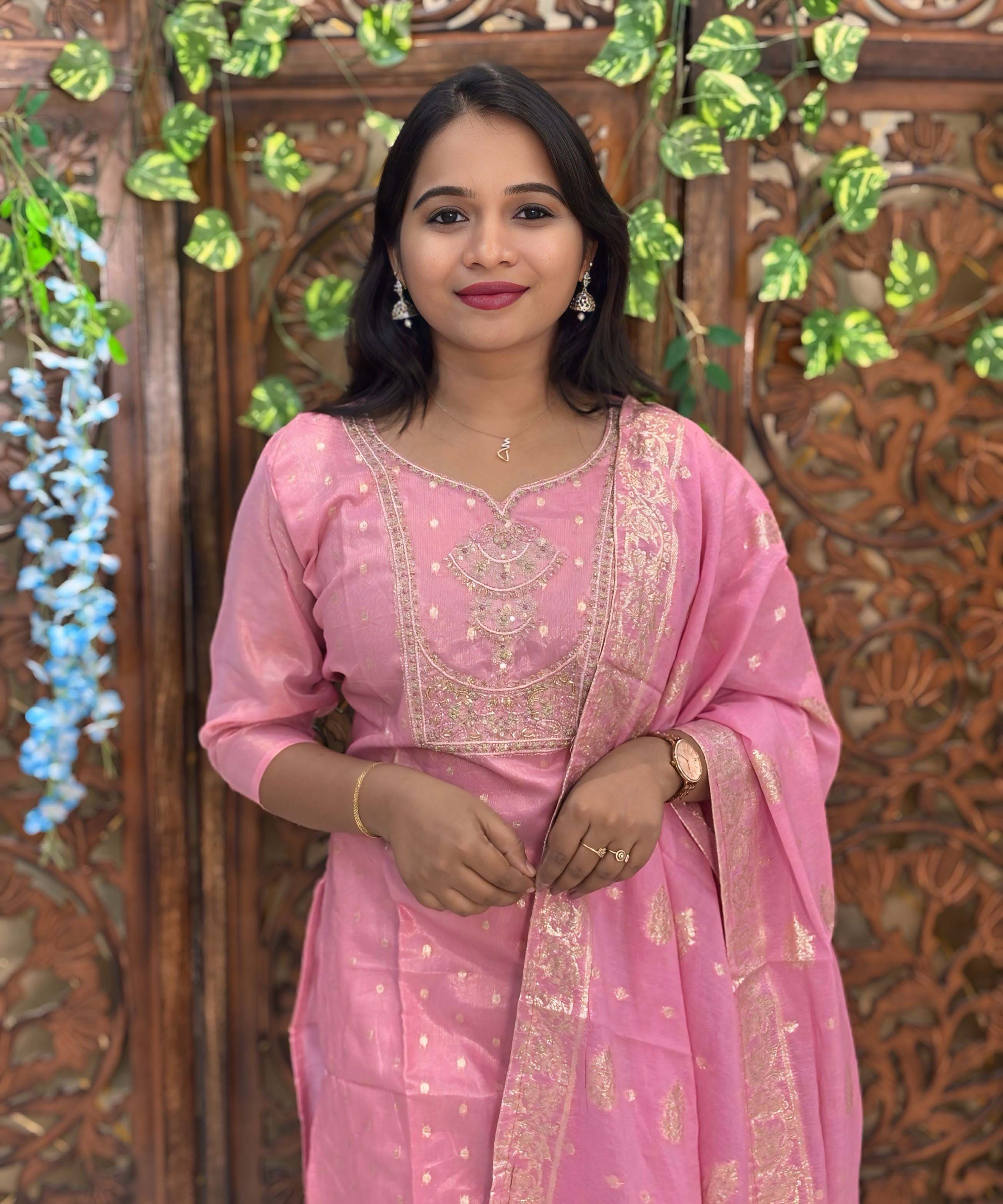 Lite Pink Color Designer Premium 3 Piece Salwar Set with Banarasi Dupatta / ESS354