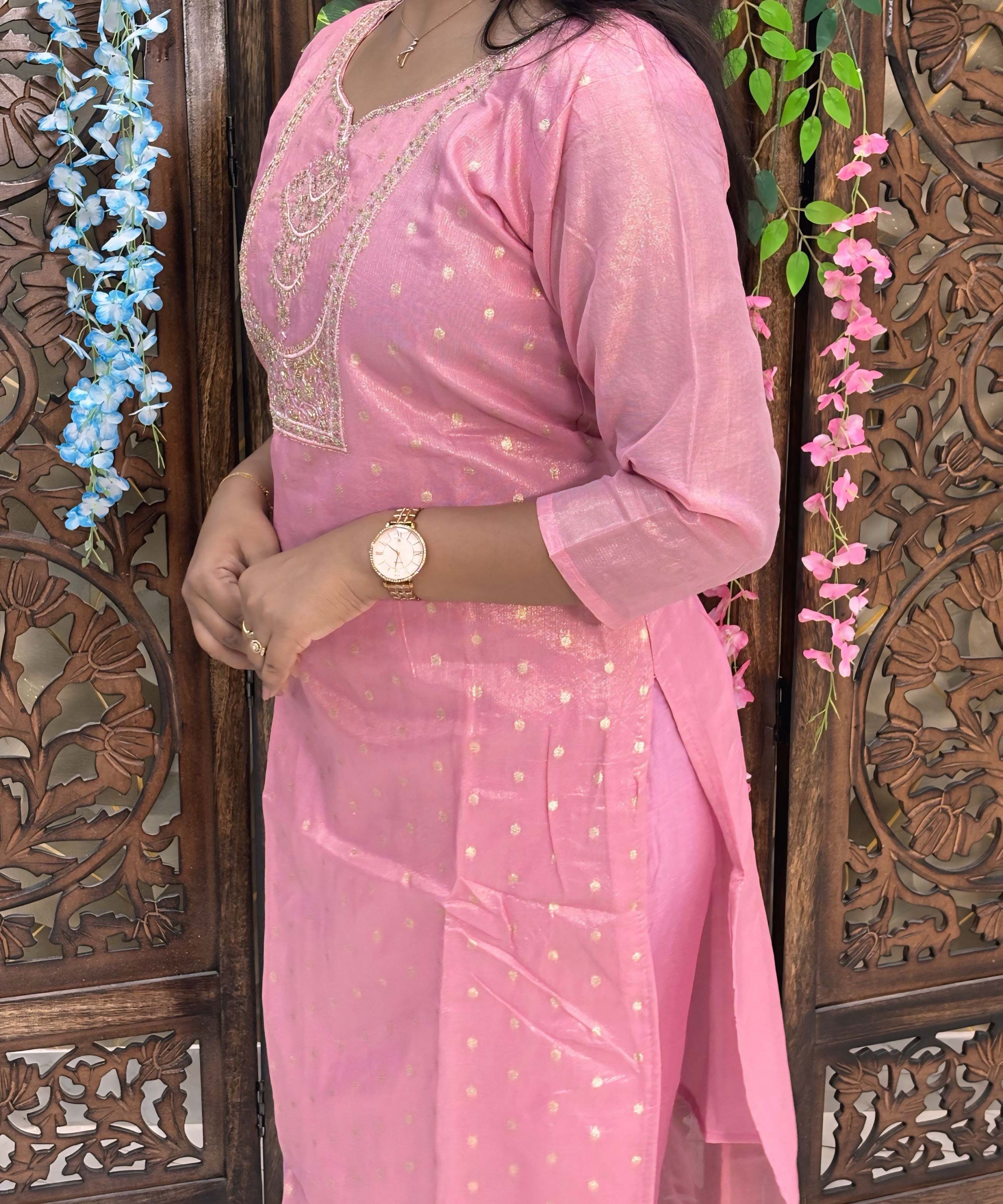 Lite Pink Color Designer Premium 3 Piece Salwar Set with Banarasi Dupatta / ESS354